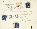 N°140, 3 pièces, OBL "Paris 9 R. Montaigne" (1912) sur lettre chargée par exprès pour Muret (Haute Garonne). RR et TB
