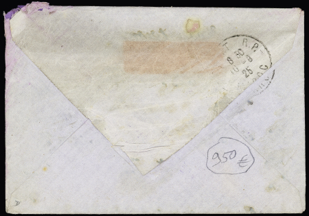 N°140 en paire (1 timbre décollé lors de l'accident) sur lettre de Messigny pour Rabat avec griffe violette entouré de 2 mains "accident d'avion" - Accident à Castell de Ferro (Espagne) du Breguet XIV Toulouse-Casab