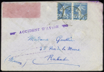 N°140 en paire (1 timbre décollé lors de l'accident) sur lettre de Messigny pour Rabat avec griffe violette entouré de 2 mains "accident d'avion" - Accident à Castell de Ferro (Espagne) du Breguet XIV Toulouse-Casab