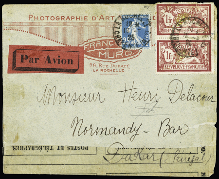 N°140 + 121 en paire OBL La Rochelle (15.7.25) sur lettre pour Dakar accidenté à Playa Blanca (Rio de Oro) avec au verso griffe bleue "Courrier tombé aux mains des Maures le 23.7.1925 - correspondance rapportée à D