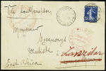 N°140 OBL CAD "Trésor et poste 179" (1916) sur lettre pour Lourenço Marques réexpédiée à Zanzibar avec au recto rare cachet rouge en Portugais "Passou pela censura". RR et TB