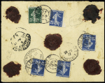 N°140, 8 pièces, OBL Paris 27 R. Amélie (1912) sur lettre chargée pour Londres avec étiquette orange dentelée "insured" (valeur déclarée) (VD 2693F50). TB