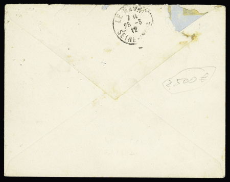N°140 OBL grand cachet noir type 2 "République française Résidence de France Iles Kerguelen", à côté CAD de transit "Point Natal" (1 mars 1912) sur lettre avec au verso CAD d'arrivée Le Havre (1 mars 1912) (pli t