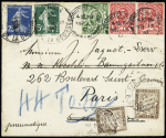 Grande-Bretagne n°139 + 130 en paire OBL CAD "Surbiton Surrey" (1912) sur lettre pour Paris réexpédiée avec France n°137 + 140 OBL Paris 1 pl. de la Bourse en pneumatique taxé pour 2ème échelon de poids avec timb