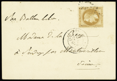 N°28 OBL GC 3291 + CAD "Paris Les Ternes" (15 oct 70) sur carte pour Montmorillon (Vienne) avec mention manuscrite "par ballon libre". TB