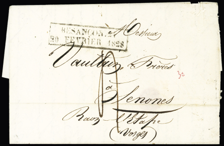 Cachet d'essai rect "Besançon 24 20 fevrier 1828" sur lettre pour Senones, ind 24. RR et TB