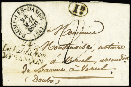 Lettre avec double cursive "24 Le Valdahon Besançon" + T13 "Baume les Dames (24)" (1830) + décime rural noir, ind 24. RRR et TB