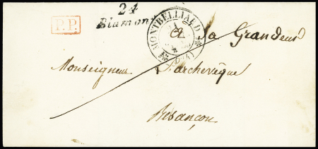Lettre avec cursive "24 Blamont" + T12 "Montbéliard (24)" (1835) + "PP" rouge encadré, ind 21. RR et TB