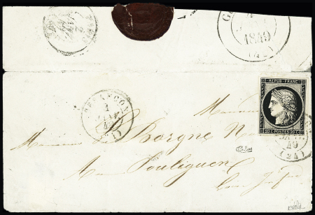 N°3 OBL CAD type 15 "Besancon (24)" (1 janv 1849) sur devant de lettre avec rabat avec au verso transit Paris (2 janv) et arrivée Guérande (4 janv). Certificats Calves et RHP. RRR et TB