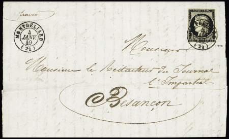 N°3 OL CADT15 "Montbéliard (24)" (4 janv 49) répété à côté sur lettre pour Besançon, certificat Robineau, pièce superbe