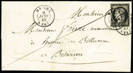 N°3 OBL CAD T15 "Maiche (24)" (9 janv 49) sur lettre pour Besançon. TB