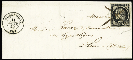 N°3 OBL croix à la plume + CAD T15 "Rougemont (24)" (1849) répété à côté sur lettre. TB