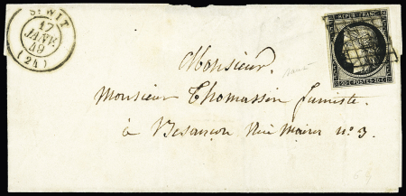 N°3 OBL grille + + T15 "St Wit (24)" (17 janv 1849) sur lettre pour Besançon (utilisation précoce de la grille des le 17 janv pour un petit bureau de direction de 4ème classe). TB