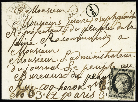N°3, leg touché, OBL grille + T15 Le Valdahon (27 janv 49) sur lettre pour Paris avec cachet de facteur "J6" de Paris apposé au recto (aurait dû normalement se trouver au verso). TB