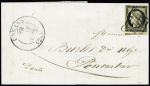 N°3, 20c noir, petit BDF avec amorce de tête-bêche, OBL grille + grand CAD "Ornans (24)" (29 janv 1850) sur lettre pour Pontarlier. TB