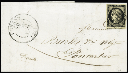 N°3, 20c noir, petit BDF avec amorce de tête-bêche, OBL grille + grand CAD "Ornans (24)" (29 janv 1850) sur lettre pour Pontarlier. TB
