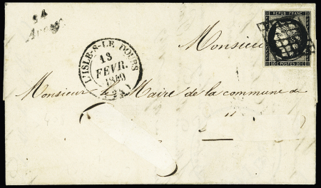 N°3 OBL grille + cursive "24 Arcey" + T14 "L'Isle-s-le Doubs (24)" (13 fev 1849) sur lettre (nom du destinataire découpé). TB