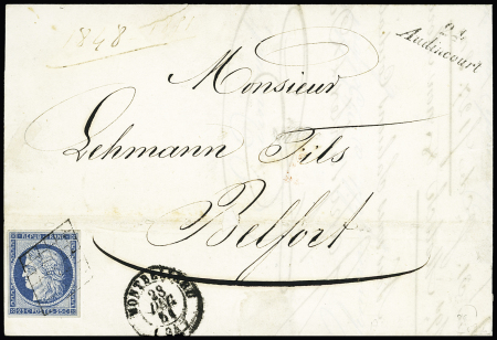 N°3 OBL grille + T15 "Montbéliard (24)" (1851) + cursive