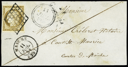 N°1 OBL grille + dateur B (11 juil 51) + T15 Maiche + cursive "24 Goumois" sur lettre. TB