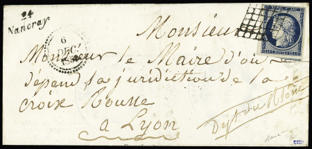 N°4, 25c bleu, petit BDF avec amorce de tête-bêche, OBL griffe + cursive "24 Nancray" + dateur B (6 dec 1850) sur lettre. TB