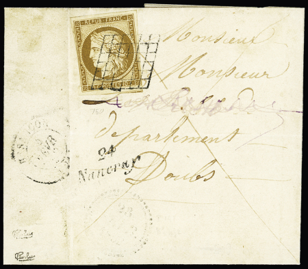 N°1, 10c bistre-jaune OBL grille + cursive "24 Nancray" sur lettre locale de Nancray pour Besançon. TB