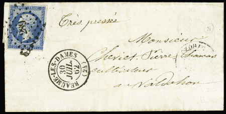 N°14 OBL PC 289 + CAD erroné "Beaume les Dames (24)" (1862) au lieu de "Baume" sur lettre Le Valdahon. TB