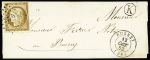 N°1, 10c bistre-jaune, OBL PC 2762 + T15 "Russey (24)" (1852) + boite rurale "K" non identifié sur lettre locale. TB