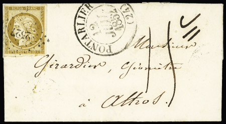 N°1 OBL PC 2527 + T13 "Pontarlier (24)" (12 juillet 1852) sur lettre pour Athose avec taxe 15c manuscrite. RR et TB
