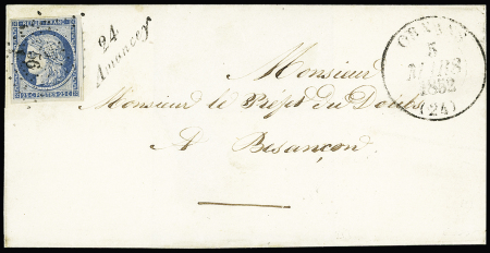 N°4 OBL PC 56 + cursive "24 Amancey" + T13 "Ornans (24)" (1852) sur lettre, certificat Pothion. TB