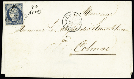 N°4 OBL PC 107 + cursive "24 Arcey" + T15 "L'Isle-s-le-Doubs" (1852) sur lettre. Rare et TB