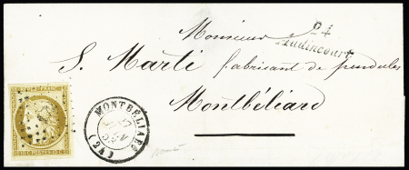N°1 OBL PC 172 + T15 "Montbéliard (24)" + cursive "24 Audincourt" sur lettre locale. TB