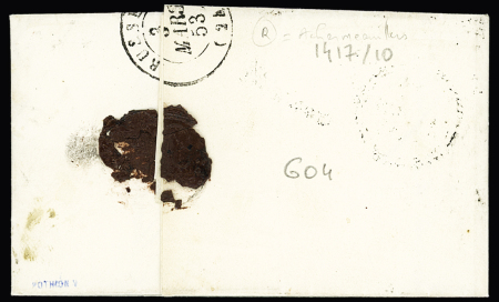 N°10 OBL PC 1417 + cursive "24 Goumois" + T15 "Maiche (24)" + dateur B + boite rurale "R" de Charmauvilliers sur lettre. TB