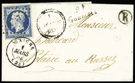 N°10 OBL PC 1417 + cursive "24 Goumois" + T15 "Maiche (24)" + dateur B + boite rurale "R" de Charmauvilliers sur lettre. TB