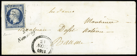 N°10 25c bleu, belles marges OBL PC 2216 + cursive "24 Nancray" + dateur B (1853) sur lettre pour Baume les Dames. TB