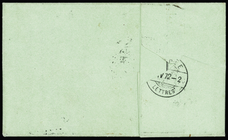 N°60 OBL GC 456 + T17 Besançon (1872) + n°20 OBL CAD suisse "Locle lettres" (1872) sur lettre pour La Brévine (Suisse). Cas exceptionnel d'oblitération d'un timbre français par un timbre à date suisse. TB