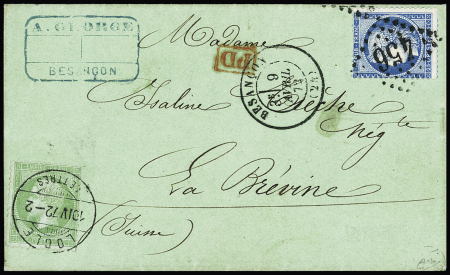 N°60 OBL GC 456 + T17 Besançon (1872) + n°20 OBL CAD suisse "Locle lettres" (1872) sur lettre pour La Brévine (Suisse). Cas exceptionnel d'oblitération d'un timbre français par un timbre à date suisse. TB
