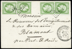 N°12, 5C vert, 4 pièces OBL GC 1790 + T22 "Hérimoncourt (24)" (1864) sur lettre pour Blamont. TB. Certificat Robineau