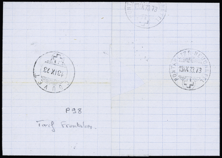 N°25, bande de 4 + 1 pièce (2 nuances différentes) + n°59 OBL GC 2964 + T17 Pontarlier (11 sept 73) sur lettre au tarif frontalier pour Couvet (Suisse). TB