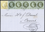 N°25, bande de 4 + 1 pièce (2 nuances différentes) + n°59 OBL GC 2964 + T17 Pontarlier (11 sept 73) sur lettre au tarif frontalier pour Couvet (Suisse). TB