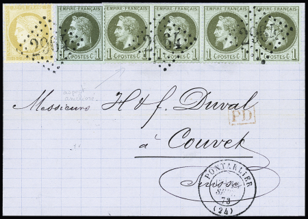 N°25, bande de 4 + 1 pièce (2 nuances différentes) + n°59 OBL GC 2964 + T17 Pontarlier (11 sept 73) sur lettre au tarif frontalier pour Couvet (Suisse). TB