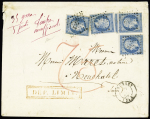 N°14, 4 pièces, OBL PC 2762 + T15 "Russey (24)" (1858) sur lettre pour Neufchâtel (Suisse) avec griffe rouge encadrée "Dep Limit" (tarif frontalier en quintuple port) et taxe 75 manuscrite rouge. TB