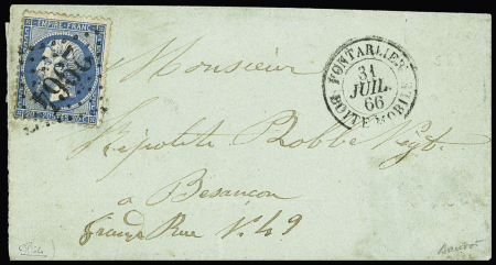 N°22 OBL GC 2964 + T15 "Pontarlier boite mobile" (1866) sur lettre. TB