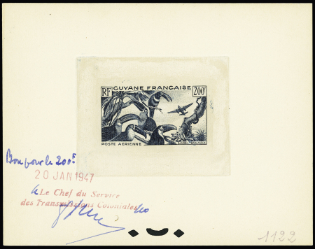 Poste aérienne n°37 200f gris-bleu Toucans, épreuve