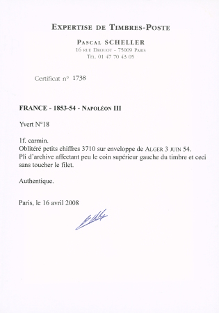 N°18 1f carmin Empire ND, un voisin, obl. PC 3710
