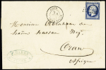N°14 20c bleu Empire ND obl. PC 3732 (Oran), CàD boîte mobile Alger 2 fév. 1857 pour Oran, TB, certificat Roumet
