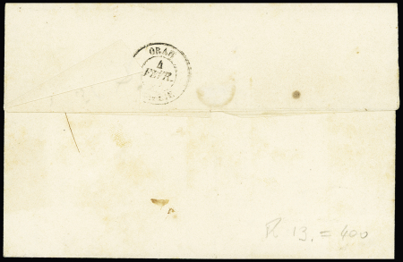 N°14 20c bleu Empire ND obl. PC 3732 (Oran), CàD boîte mobile Alger 2 fév. 1857 pour Oran, TB, certificat Roumet