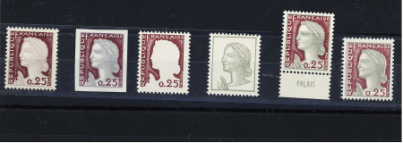 N°1263 b, g et h, 25c gris clair et carmin foncé
