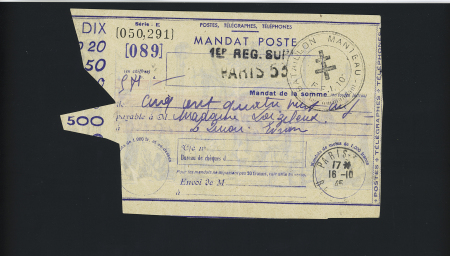 PARIS Mandat poste avec cachet du 1er régiment sur Paris,  tampon FFI et CàD du 18 octobre 1945, TB
