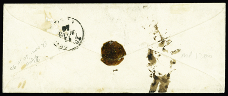 4 cachets de cire aux 4 coins d'un n°3 20c noir obl.
