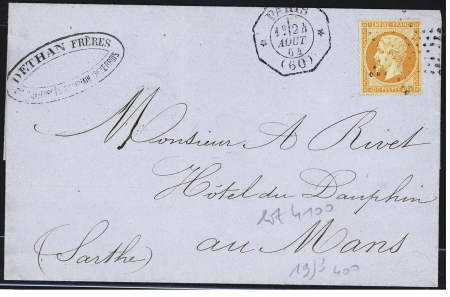 N°23 OBL étoile muette + CAD octogonal "Paris (60)" (1864) sur lettre pour Le Mans, ind 17. TB